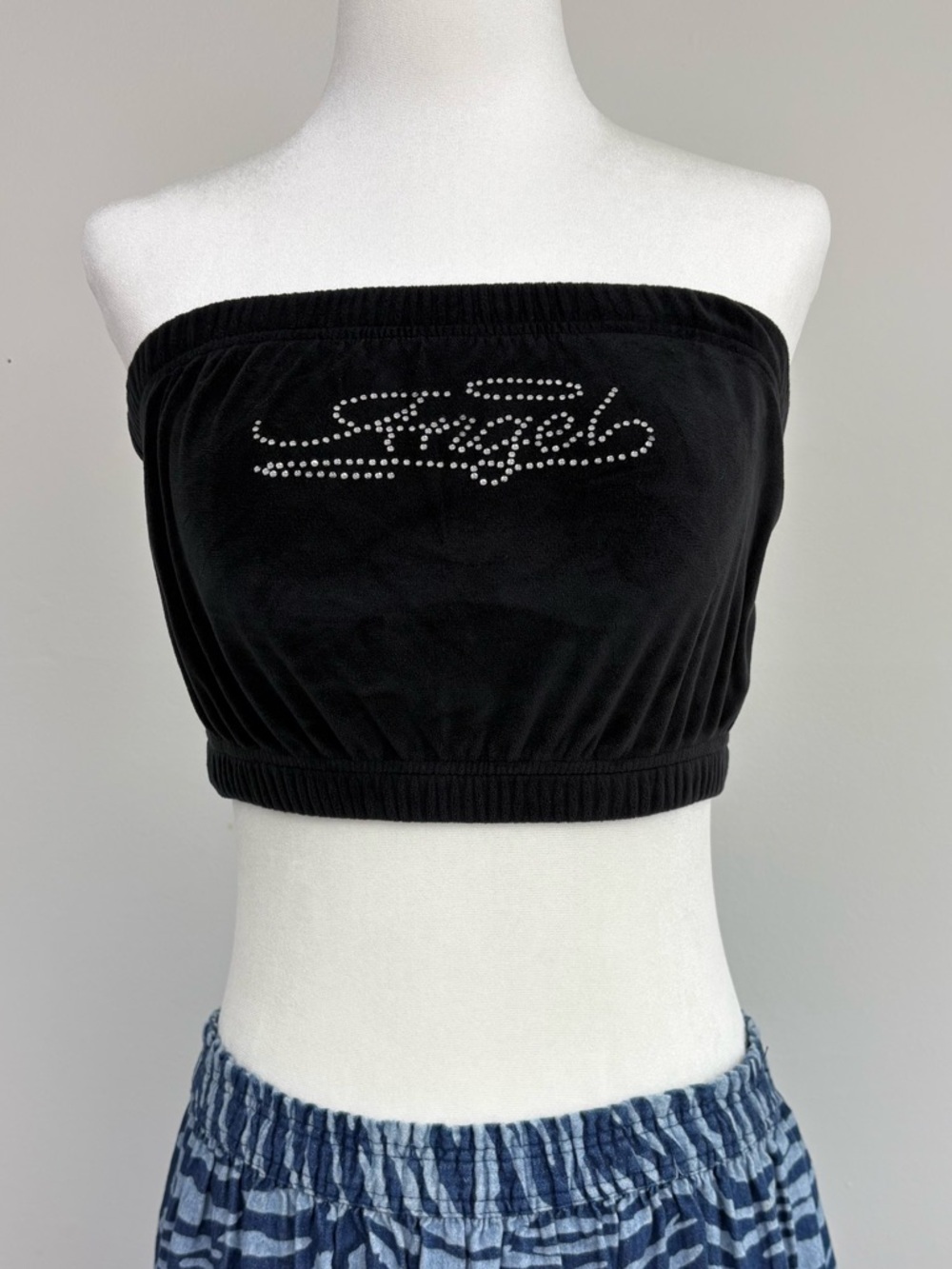 Rue21 Black Velour Bandeau w/ Rhinestone Angel on Front Medium Y2K McBling Mall